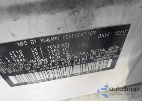 2018 Subaru Legacy 2.5I из США, поврежденный, VIN 4S3BNAB65J3026918